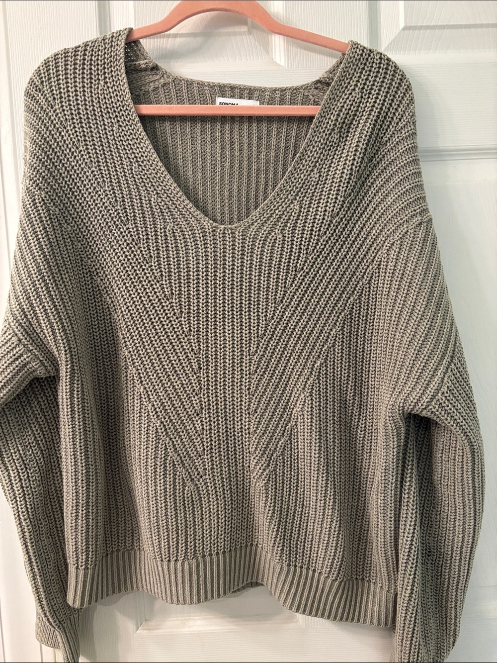 Sonoma Oversized V-Neck Ribbed Knit Sweater Sage Green Sz L